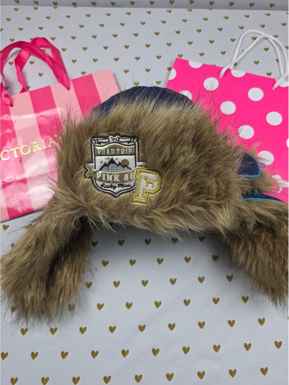Victoria’s Secret PINK Road Trip 86 BLING Faux Fur Trapper Hat Y2K Rare
